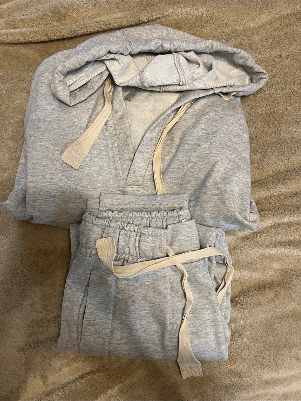 Fabletics Heather Gray Track Jogger Set with Cream Drawstrings